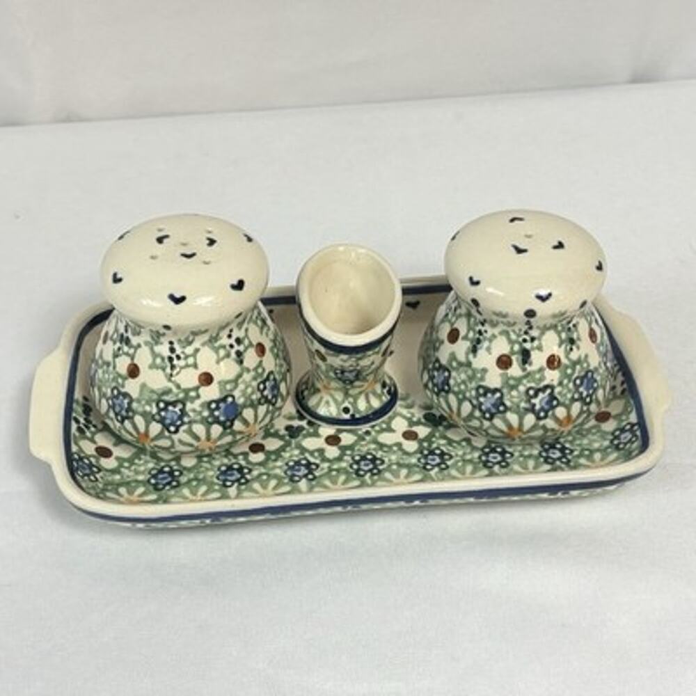 Unikat Polish Pottery Salt & Pepper Toothpick Set Tray Boleslawiec Blue Green